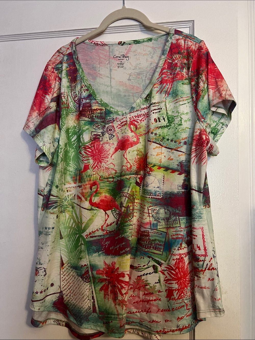 Coral Bay Red, Green & Teal Flamingo Tropical Print Short Sleeve Tee